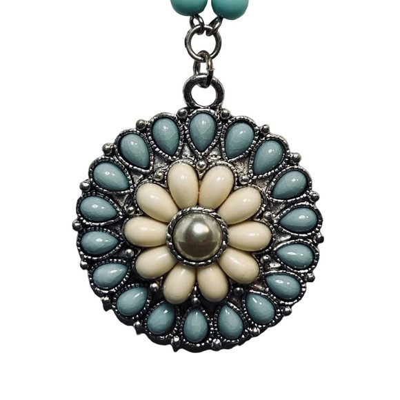 Southwest Style Double Strand Blue, White And Silver Tone Beaded Necklace (4868) - Picture 2 of 7